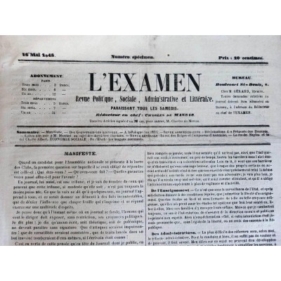 Charles de Massas (rédacteur) | Journal éphémère l'Examen - juin 1848 - numéro spécimen et N°3